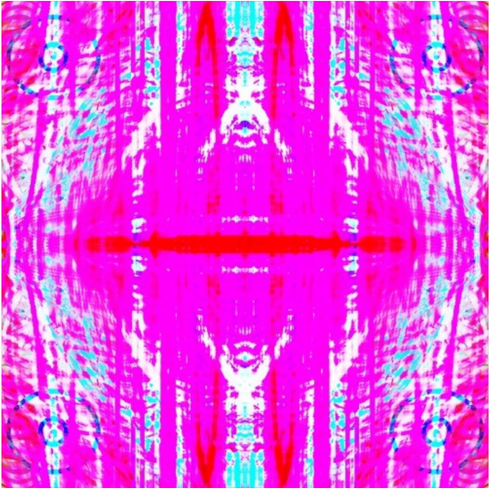 bright pink abstract artwork for lovel@rn made using some sort of drawing app from 2013; the image is mostly pink with highlights of white and cyan and a horizontal flat elipsis of red in the center; the image is mirrored across the center horizontal and vertical axes
